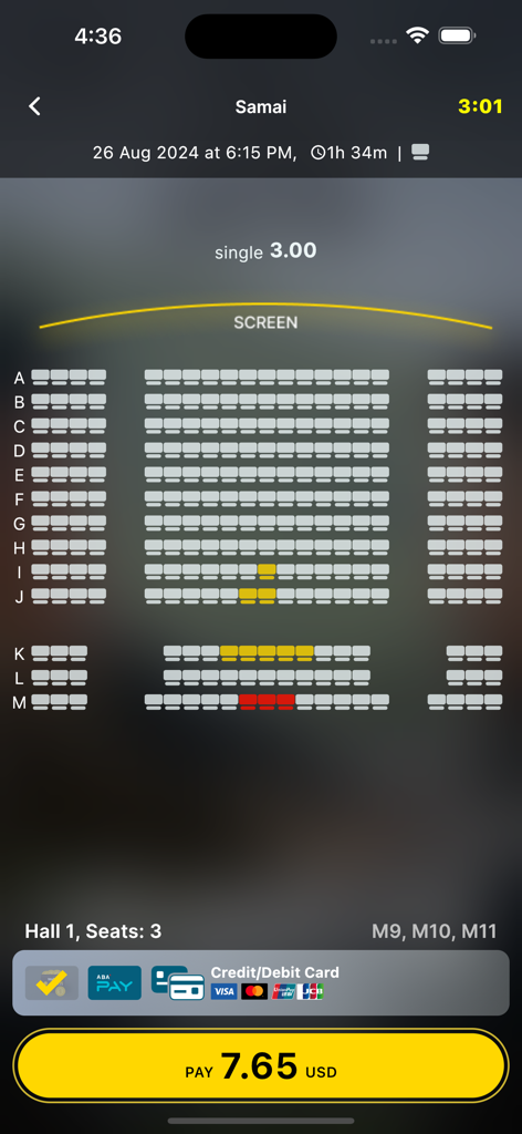 Movie theater seating chart and payment interface in the Prime Cineplex app