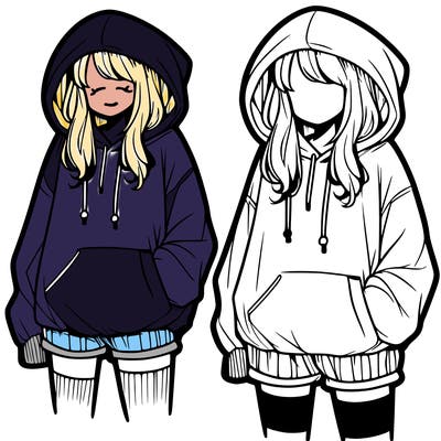 girl in oversized hoodie and shorts.