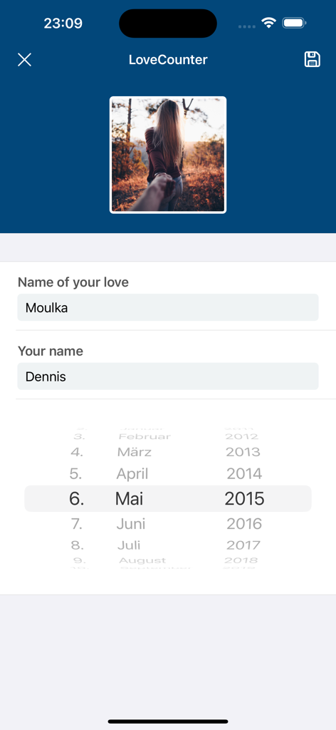 LoveCounter - My Love - Profile setup screen in the LoveCounter app showing name inputs and a date picker for relationship anniversaries.