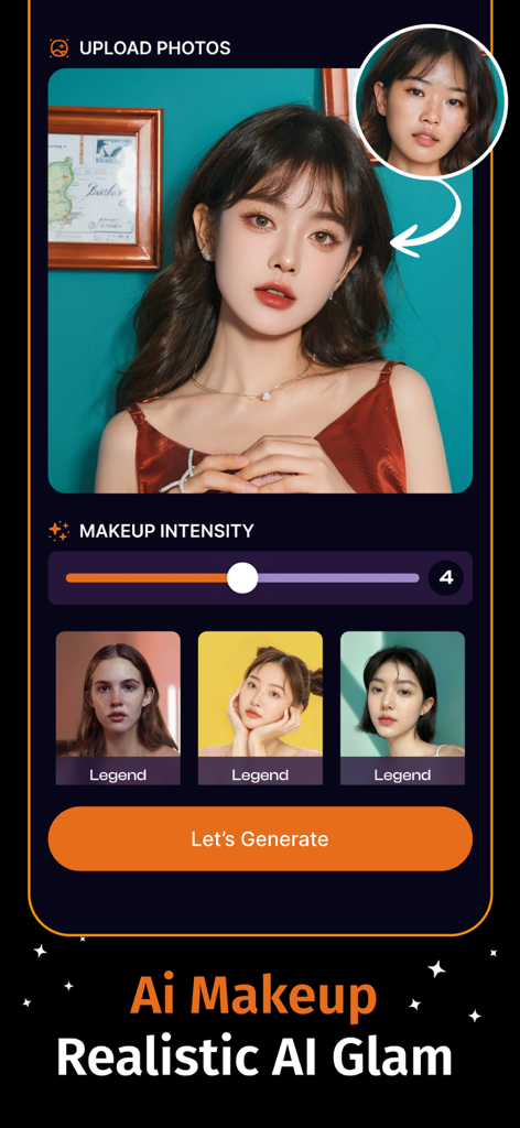 AIメイクの強度スライダーと女性モデルのリアルなグラム変身を示すスマートフォンインターフェース