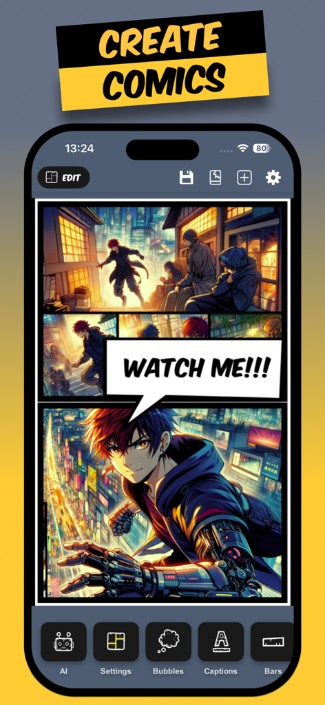 Comics AI - Interfaz de la aplicación Comics AI mostrando viñetas de cómic estilo anime y herramientas de creación