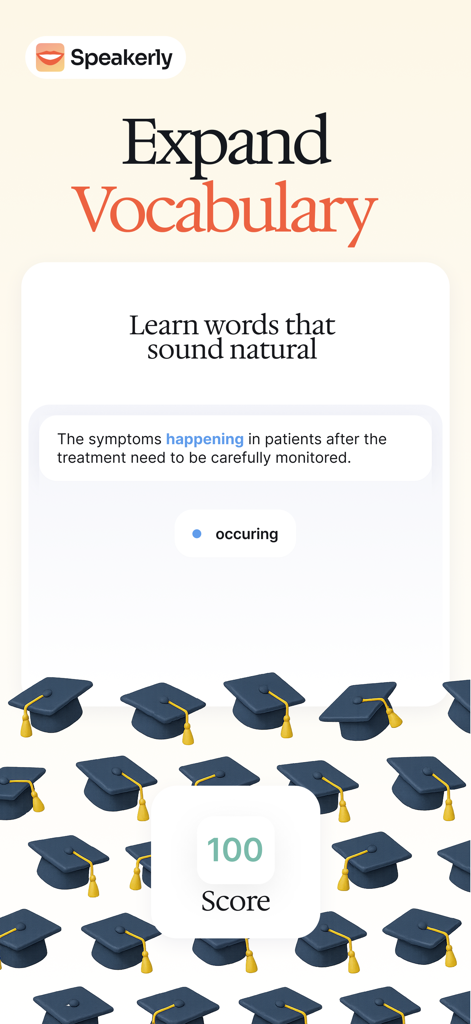 Speakerly AI app interface showing a vocabulary expansion lesson for learning natural sounding English words.