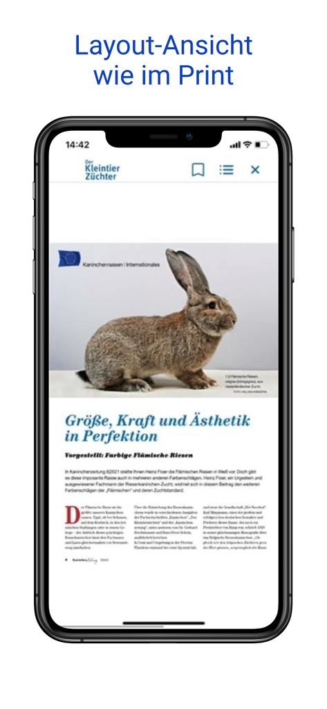 Smartphone-Ansicht zeigt einen Artikel über Kaninchenzucht im Magazinlayout