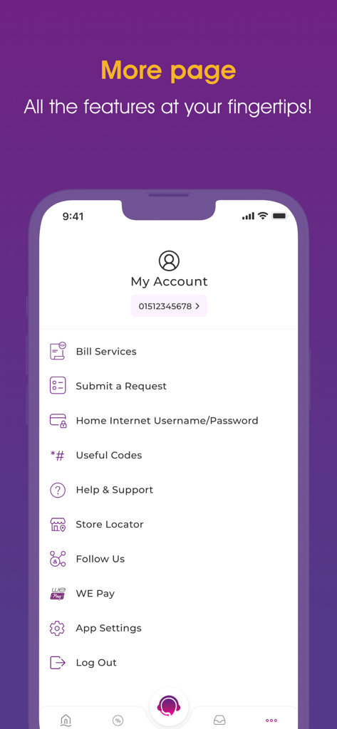 Interface of the My WE app more page showing account options like bill services and store locator