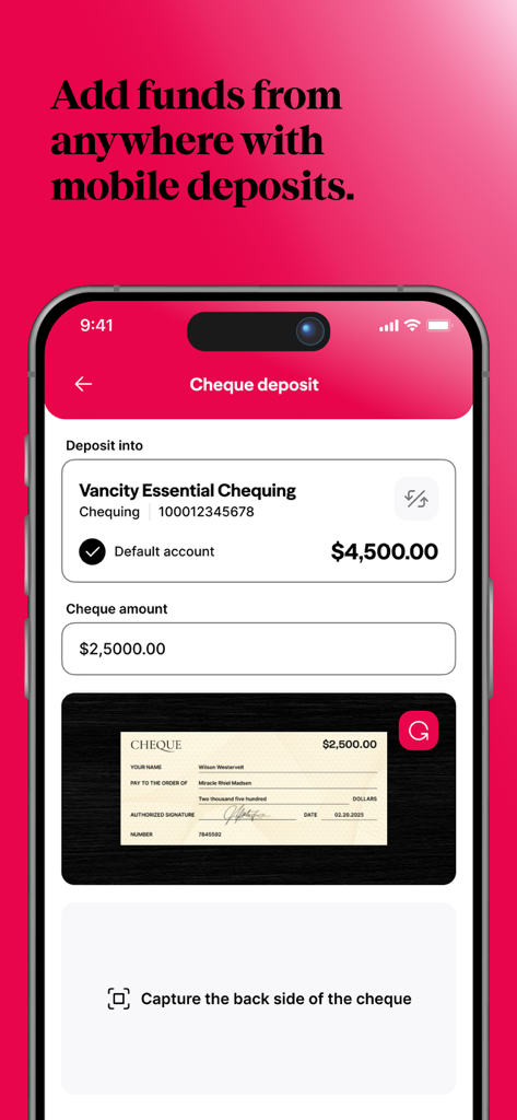 Vancity - Vancity app screen showing the mobile cheque deposit feature with account selection and cheque capture interface.