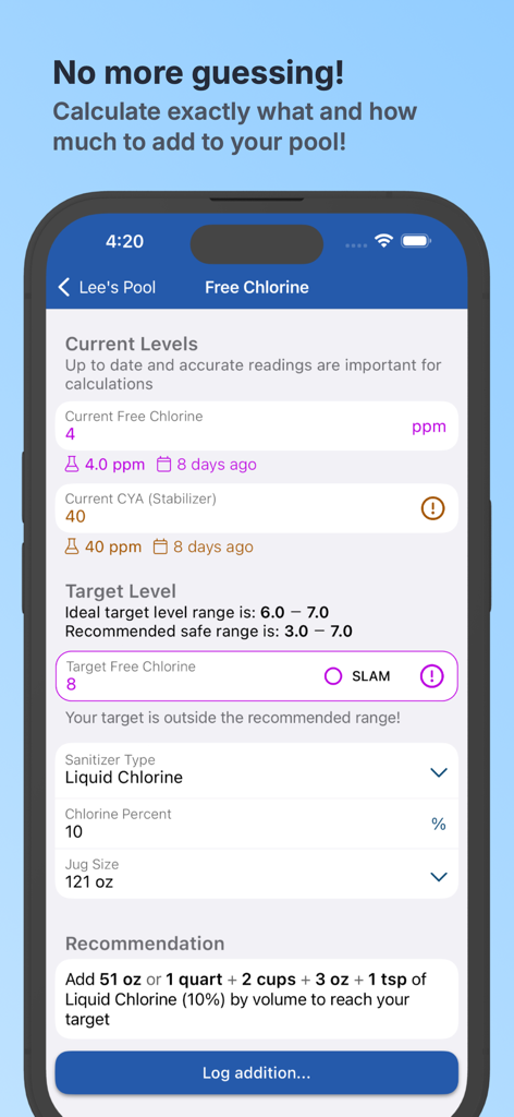 Pool Math by TroubleFreePool - Pool Math app interface showing free chlorine calculations and chemical dosage recommendations
