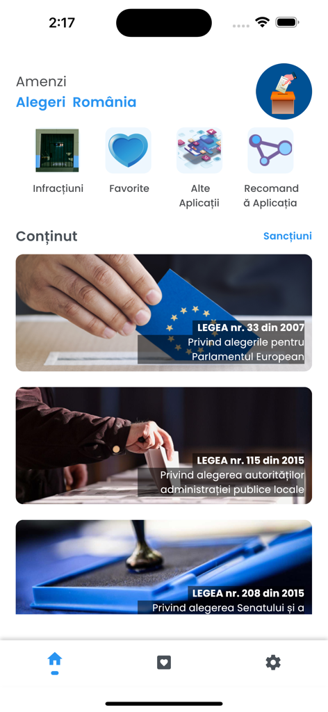 Amenzi Alegeri - Una pantalla de la aplicación móvil Multas Electorales que enumera diferentes leyes electorales rumanas.