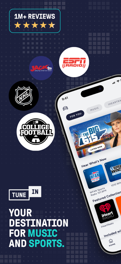 TuneIn Radio: Music & Sports - Promotional screen of the TuneIn Radio app highlighting music and live sports features with partner logos like ESPN and NHL.
