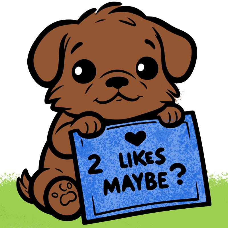 a puppy holding a sign that says 2 likes maybe?
