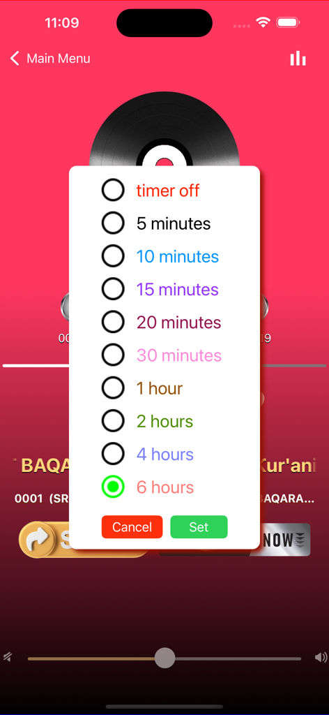 Tafsirin Hausa Ɗahiru Bauchi - Sleep timer selection menu in the Tafsirin Hausa Dahiru Bauchi app with duration options ranging from five minutes to six hours.