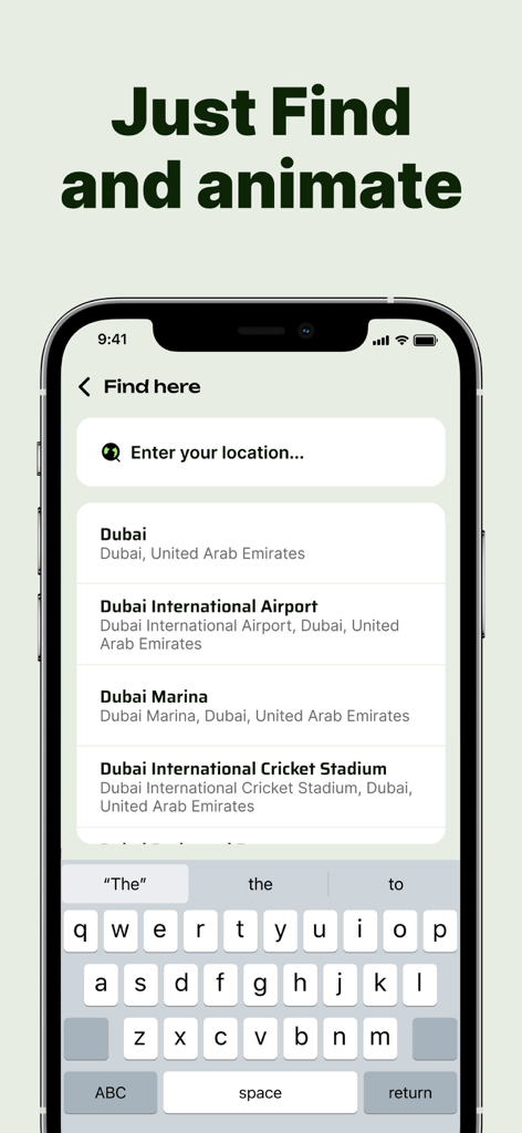 Travel Route Animation Video - Interface de recherche pour sélectionner des destinations de voyage comme Dubaï dans l'application