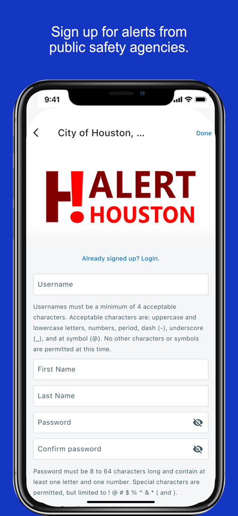 Registration screen for Alert Houston public safety notifications on the Everbridge mobile app