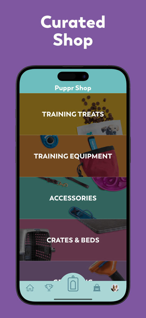 Puppr - Dog Training & Tricks - The Puppr app curated shop interface showing categories for dog training treats, equipment, and accessories.