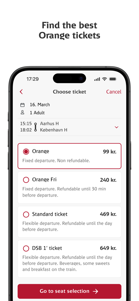Interface of the DSB app showing different train ticket options and prices for a trip from Aarhus to Copenhagen