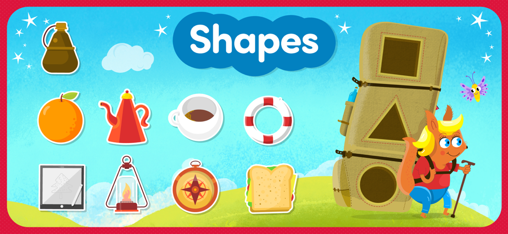 Toddler educational game screen showing shape matching with various objects and a squirrel character