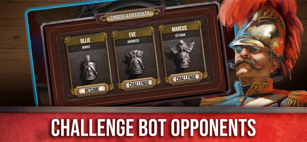 Stratego® Online - Bot opponent selection menu with different difficulty levels in Stratego Online