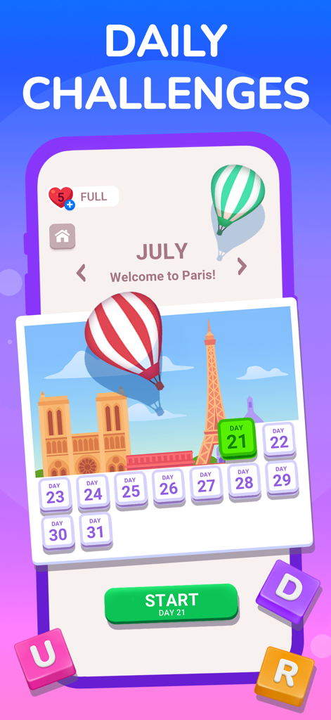 Cryptogram: Word Brain Puzzle - Pantalla de desafíos diarios de la aplicación Cryptogram con un tema de París en julio que muestra la Torre Eiffel y una vista de calendario.