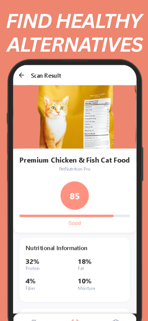 Cat Food Scanner - Leo - Leo Cat Food Scannerアプリに、鶏肉と魚の猫のフードの健康スコアと栄養情報が表示されています