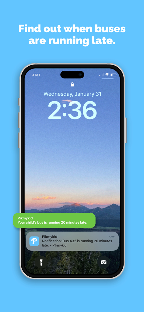 Smartphone lock screen displaying a notification from the Pikmykid app about a school bus running 20 minutes late