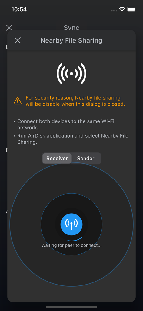 AirDisk Pro - Nearby file sharing interface in the AirDisk Pro app showing receiver mode and connection status