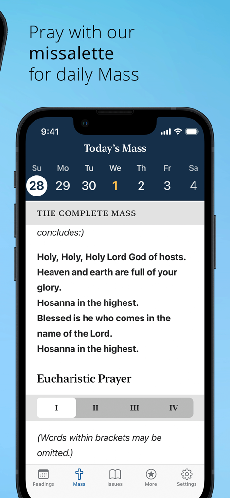 Word Among Us Mass Edition - iPhone display showing the daily Mass missalette and Eucharistic prayer text in the Word Among Us app