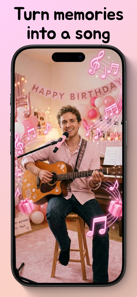 Songloom: AI Song Maker - Un hombre tocando la guitarra en una habitación decorada para un cumpleaños con el texto Convierte recuerdos en una canción