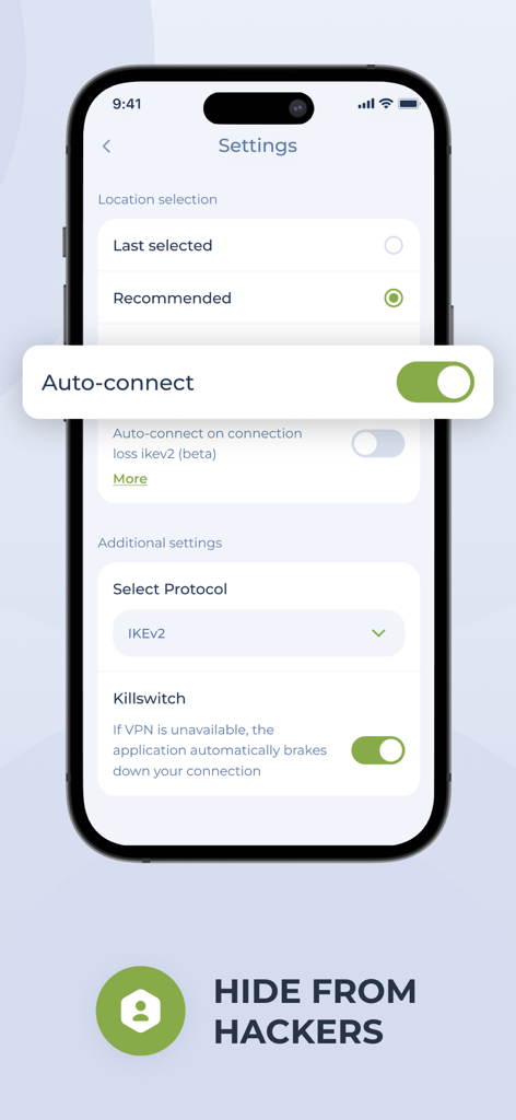 Planet VPN mobile app settings screen showing auto-connect and killswitch security features on iPhone