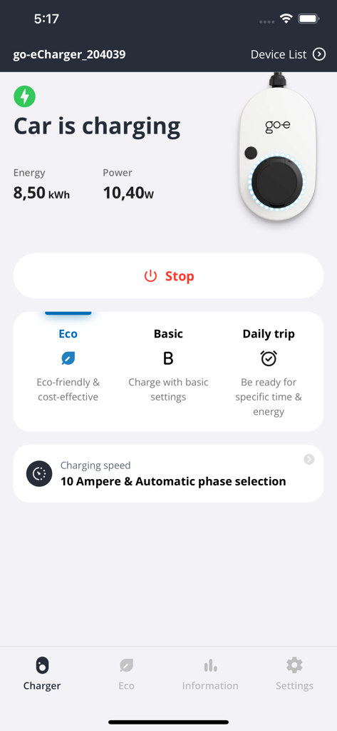 Interface da app go-e mostrando dados de carregamento de veículo elétrico em tempo real, incluindo consumo de energia e potência.