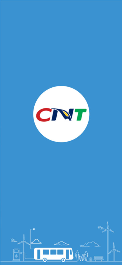 MoBis - MoBis app splash screen featuring the CNT logo and an eco-friendly bus transport illustration