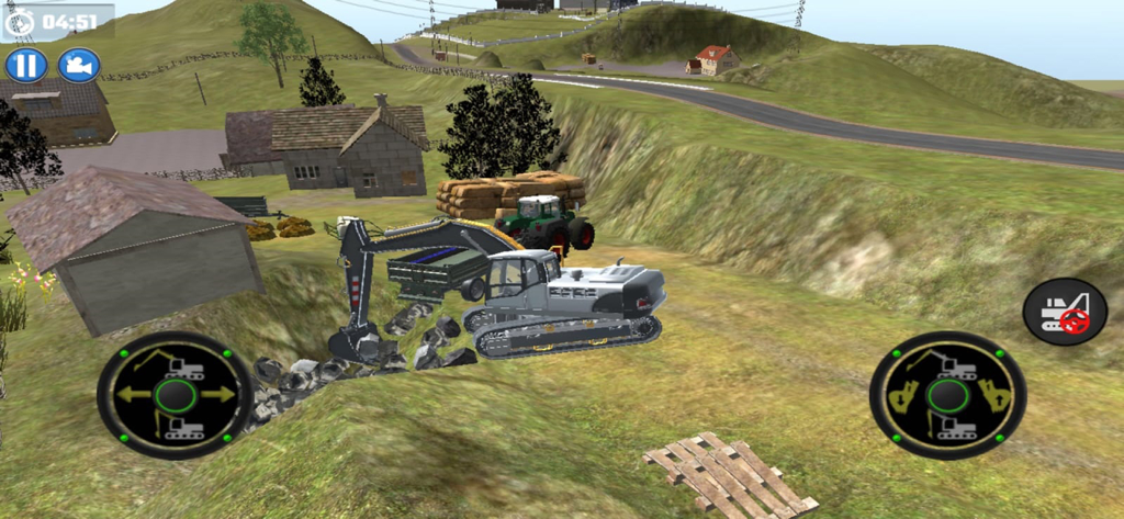 Tractor Forest Farm Simulator - Captura de pantalla del juego de una excavadora de orugas cavando piedras en un juego de simulación de agricultura en 3D.