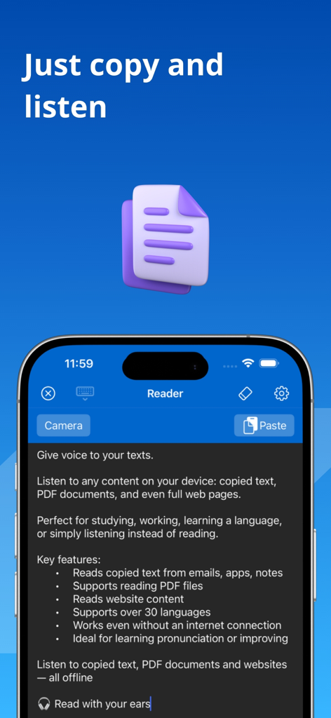 Voice Reader . - Smartphone screen showing the Voice Reader app interface with features for converting copied text and PDFs into audio