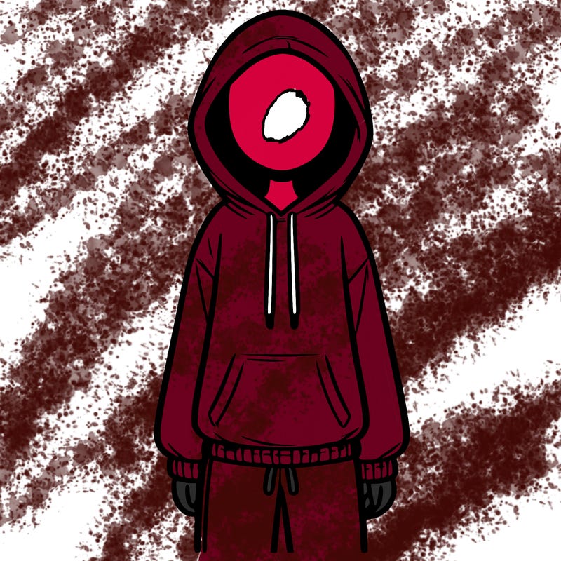 faceless girl in a tracksuit with a hood on and no hair