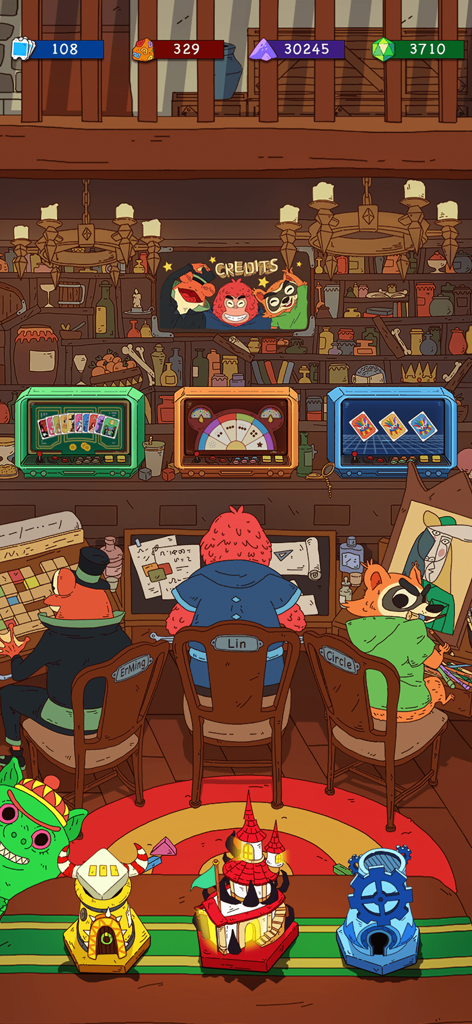 Dicey Elementalist - Hand-drawn illustration of game characters in a cozy workshop for the Dicey Elementalist credits screen.