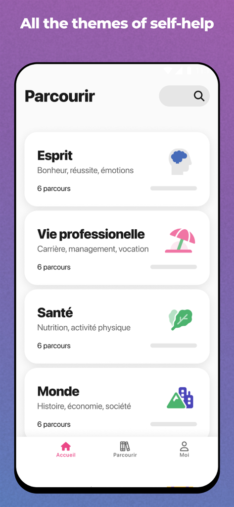 Koober App-Oberfläche, die verschiedene Selbsthilfe-Themen und Lernkategorien wie Geist, Berufsleben und Gesundheit zeigt