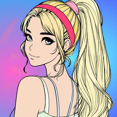 girl realistic looking over her shoulder with a high ponytail and a headband