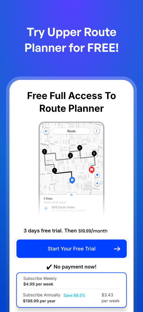 Upper: Delivery Route Planner - Upper Delivery Route Planner subscription screen showing free trial offer and pricing options.