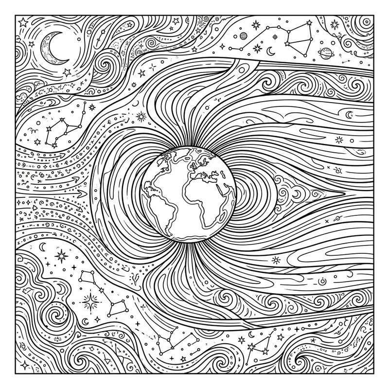 Dive into the mysteries of the cosmos with this stunning magnetosphere coloring page, set against a twinkling night sky. It's an intricate design perfect for anyone who loves astronomy and detailed art.