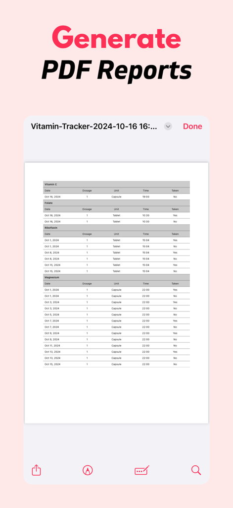 Vitamin Tracker Reminder VitUp - Screenshot der VitUp App, der einen detaillierten PDF-Bericht über die Vitaminaufnahme zeigt