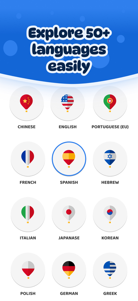 Interface of Dinolingo app showing multiple language options represented by flag hot air balloons