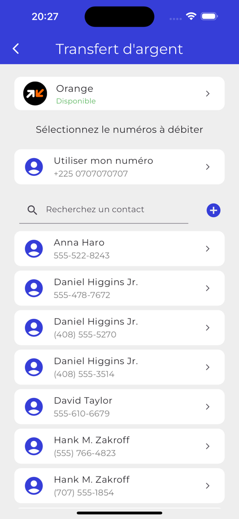 WalliSend - Tela do aplicativo WalliSend para selecionar contatos para enviar dinheiro
