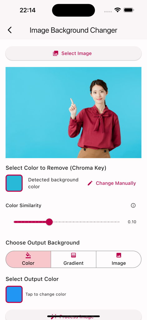 Green Screen Video Editor - クロマキーカラー選択と類似性スライダーを使用した画像背景削除を示すモバイルアプリインターフェース