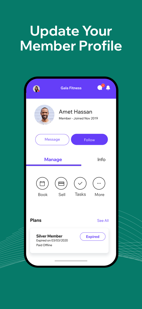 Fit by Wix - Pantalla de la aplicación móvil Fit by Wix que muestra un perfil de miembro con opciones para reservar clases y gestionar membresías