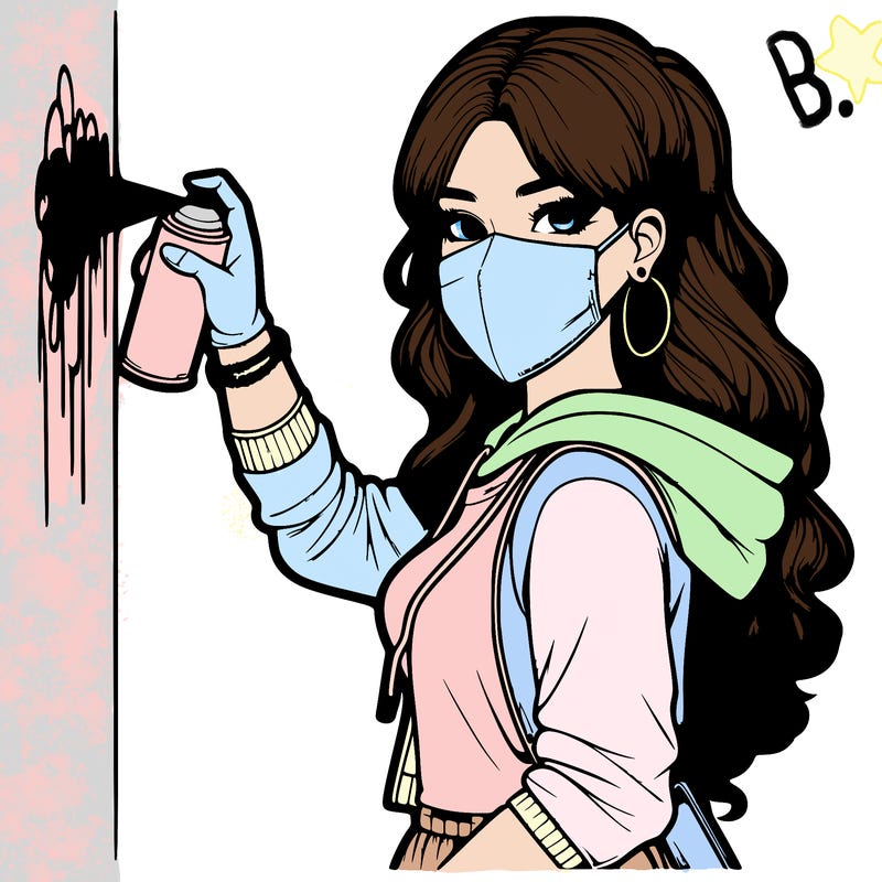 realistic girl with mask spray painting a wall