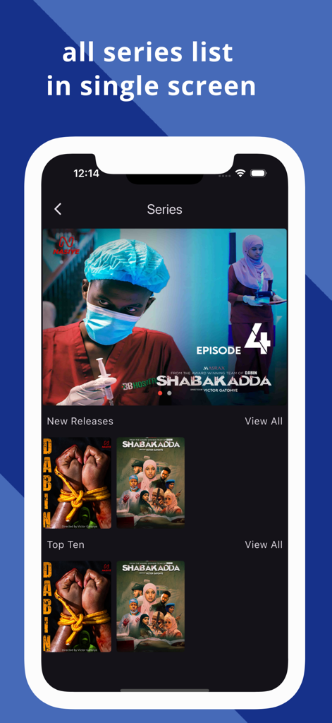 Nasiye video on demand app interface showcasing a collection of Somali series