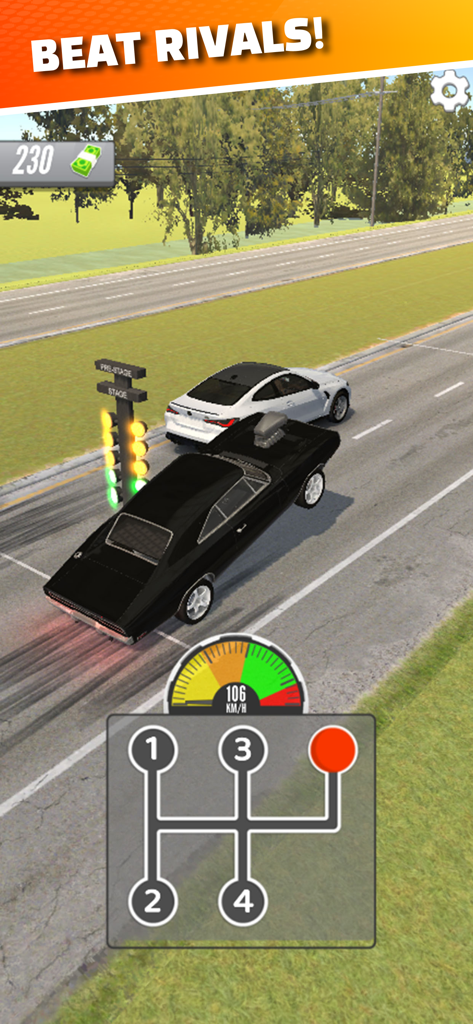 Drift 2 Drag - Muscle car performing a wheelie during a drag race start in Drift 2 Drag
