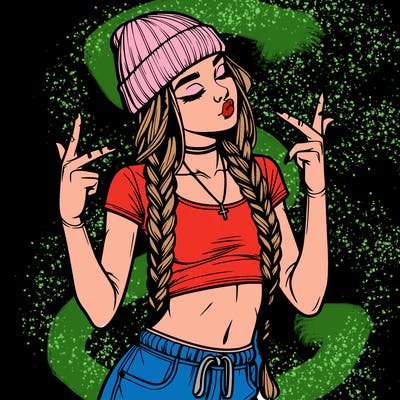 realistic teenage girl with braids and a beanie and crop top doing 🫶🏼
