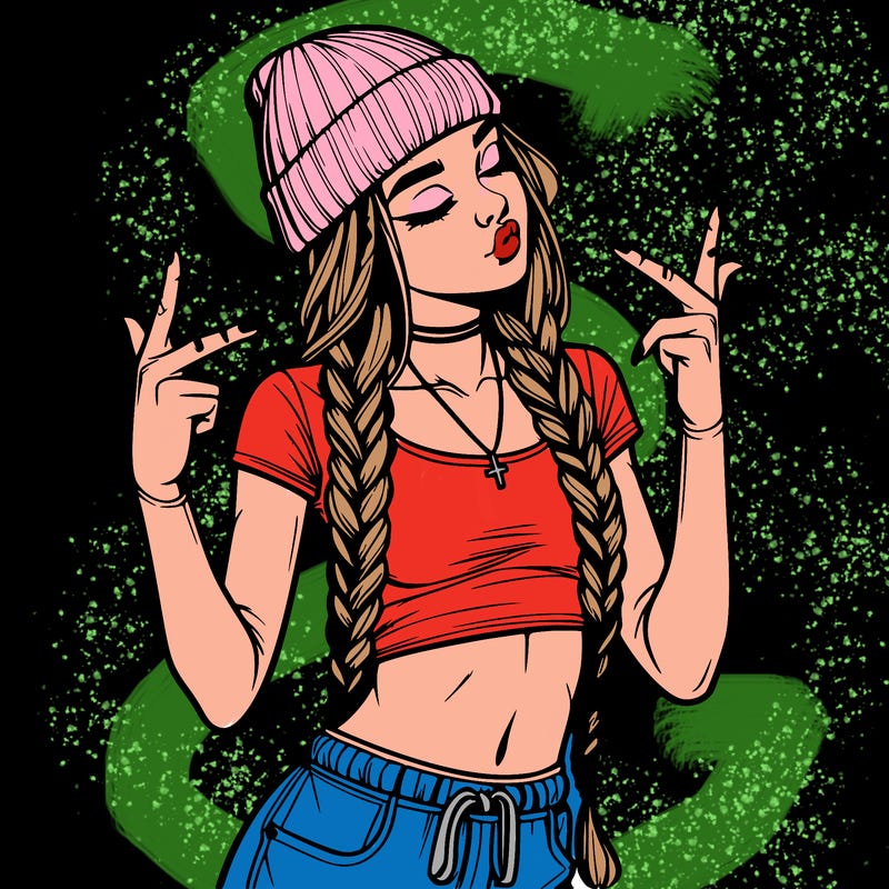 realistic teenage girl with braids and a beanie and crop top doing 🫶🏼