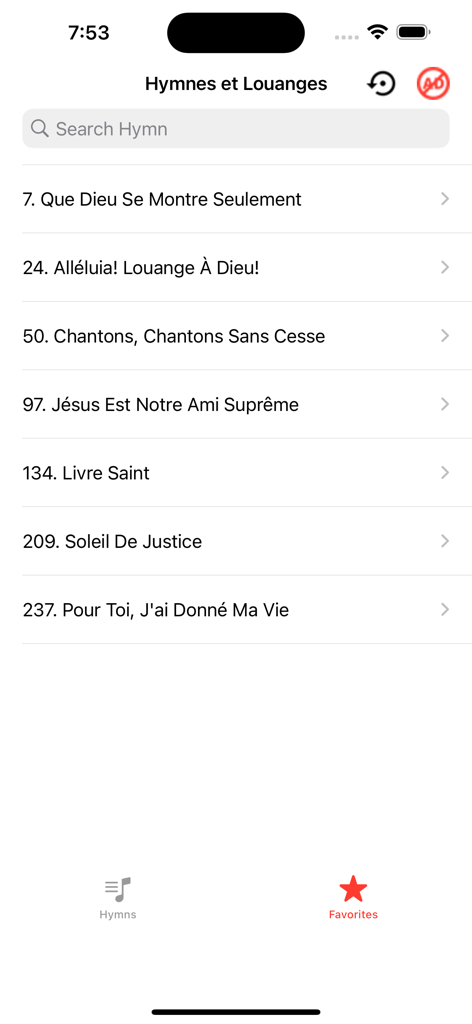 SDA Hymnal - Complete - La schermata dei preferiti dell'app SDA Inno che mostra un elenco di inni e numeri di canto salvati