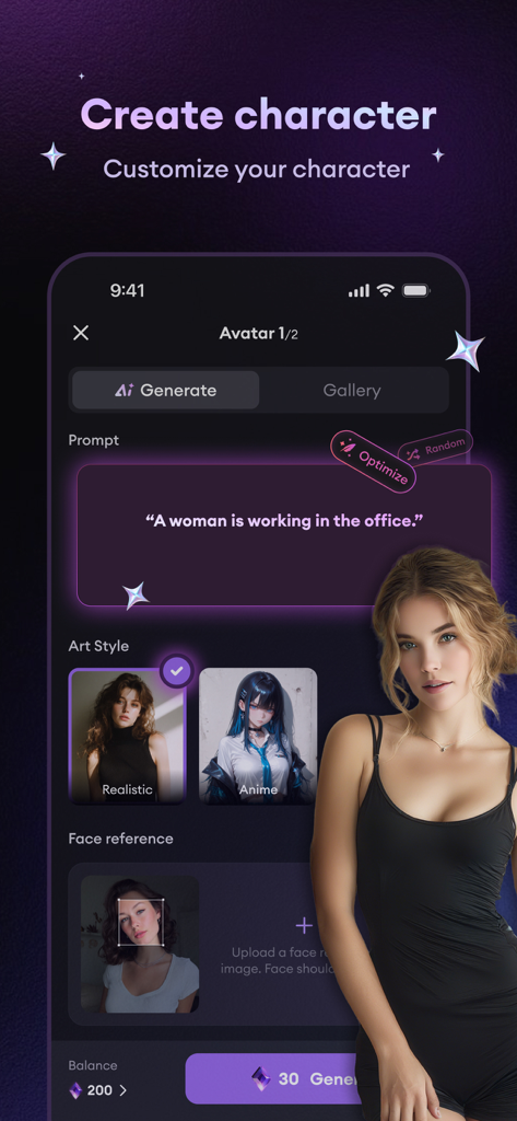 Tremble: Talk to AI Characters - Interface de l'application Tremble montrant les outils pour créer et personnaliser un personnage IA personnalisé avec des invites textuelles et des styles artistiques.