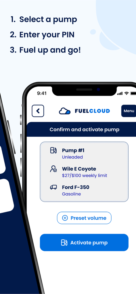 FuelCloud - FuelCloud app interface showing pump selection and activation steps for commercial fueling